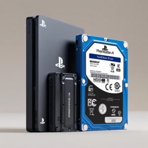 Alt text: "PS4 with external hard drive for memory expansion"